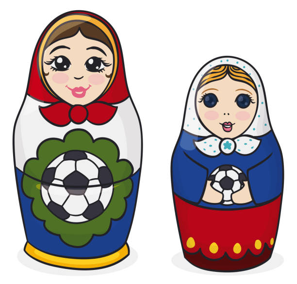 ilustrações, clipart, desenhos animados e ícones de par de bonecas matryoshka em diferentes tamanhos com bolas de futebol - wood toy babushka isolated on white