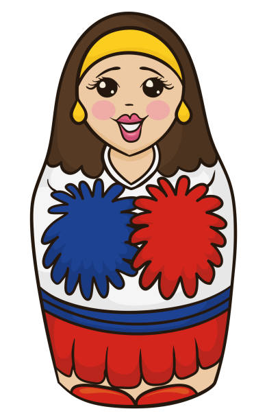 ilustrações, clipart, desenhos animados e ícones de boneca matryoshka fofa como líder de torcida russa em estilo desenho animado - wood toy babushka isolated on white