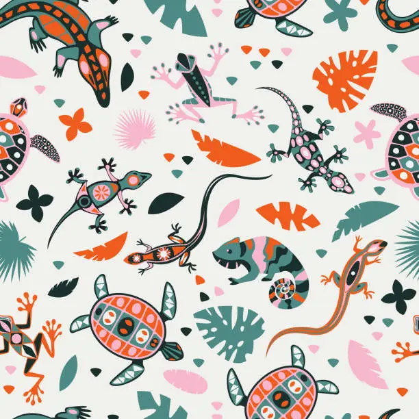 Vector illustration of Seamless pattern with reptiles. Vector illustration of lizard, chameleon, sea turtle. Animal fashion textile print