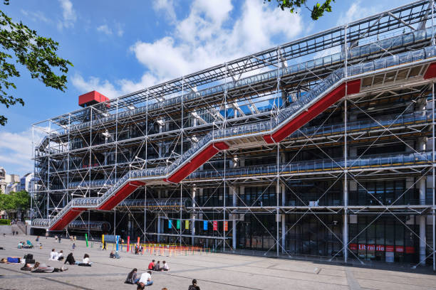 Centre Georges Pompidou and facade details, Paris, France - May, 2022: View of Centre Georges Pompidou (1977)and facade details, designed by Richard Rogers and Renzo Piano. Building was designed in style of high-tech architecture pompidou center stock pictures, royalty-free photos & images