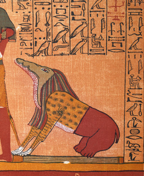 Ancient Egyptian Goddess Ammit, Devourer of the Dead, Eater of Hearts Vintage illustration, Ammit a goddess in ancient Egyptian religion with the forequarters of a lion, the hindquarters of a hippopotamus, and the head of a crocodile ancient egyptian art stock illustrations