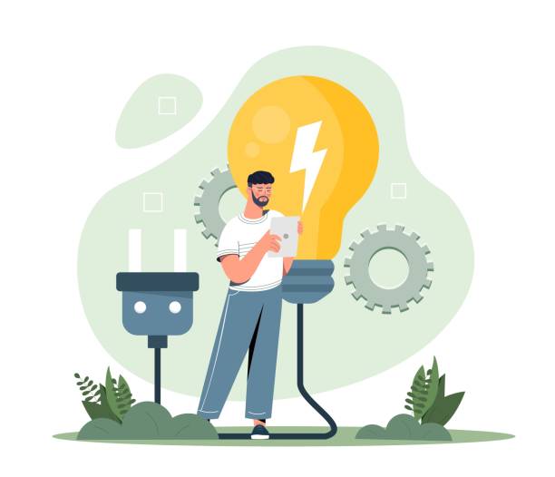 Man with green light bulb Man with green light bulb. Alternative source of energy concept. Guy charging devices, responsible society and CO2 emission reduction. Poster or banner for website. Cartoon flat vector illustration surge stock illustrations