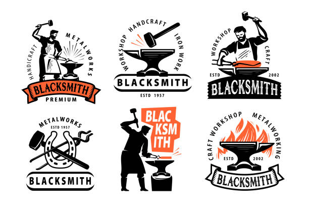 stockillustraties, clipart, cartoons en iconen met blacksmith and metalworks badge set. labels blacksmith and workshop, hammer and anvil emblem illustration - aambeeld
