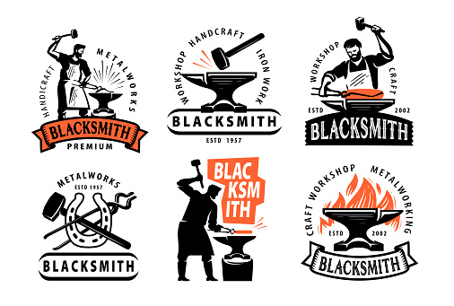 Blacksmith and Metalworks badge set. Labels Blacksmith and workshop, hammer and anvil emblem illustration
