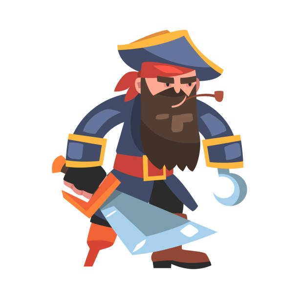 illustrazioni stock, clip art, cartoni animati e icone di tendenza di pirata barbuto con una gamba sola o bucaniere con gancio e sciabola pipa da fumo illustrazione vettoriale - buccaneer