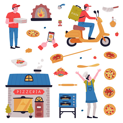Italian Pizza Cooking and Delivery Service with Wood-fired Oven, Pizzaiolo and Courier on Scooter Vector Set