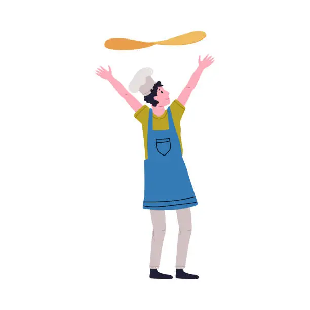 Vector illustration of Man Pizzaiolo in Toque Throwing Dough in the Air Cooking Pizza Vector Illustration
