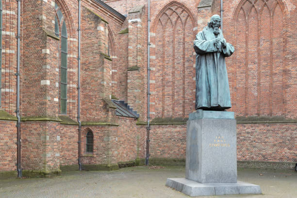 Naarden, The Netherlands, January 28, 2022; Statue of Jan Amos Comenius on a high pedestal. Donation from the government of Czechoslovakia.
