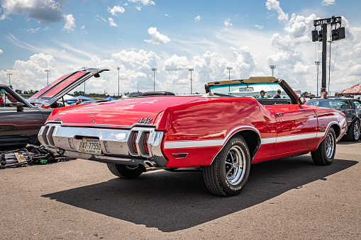 Lebanon, TN - May 14, 2022: Wide angle back corner view of a1970 Oldsmobile 442 2 Door Convertible at a local car show.