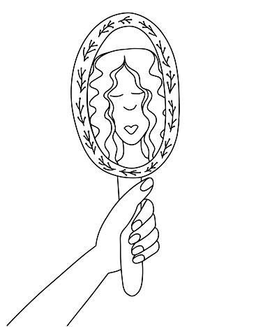 Happy woman looking in mirror coloring page illustration. Hand drawn flowered mirror and beautiful woman looking bector illustration. Coloring book for children and adults