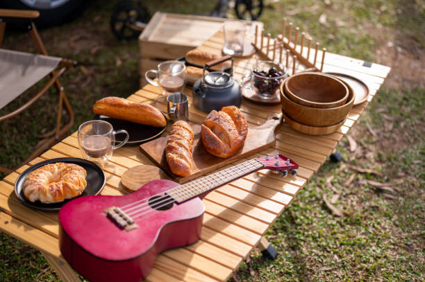 istock Continental breakfast on the picnic table. weekend morning concept. 1409551950
