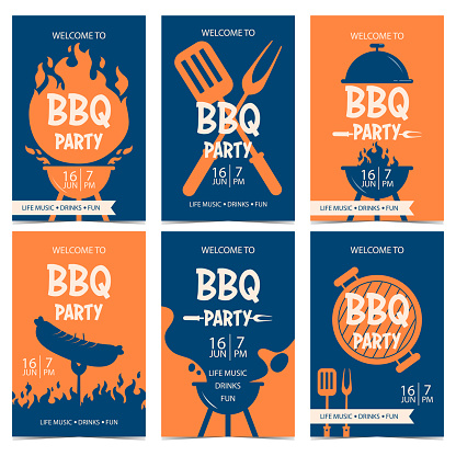BBQ party banner or poster design template for outdoor cooking holiday or picnic. Barbecue party invitation or flyer in blue and orange colours with grill, flame, charcoal smoke, sausage on a fork.