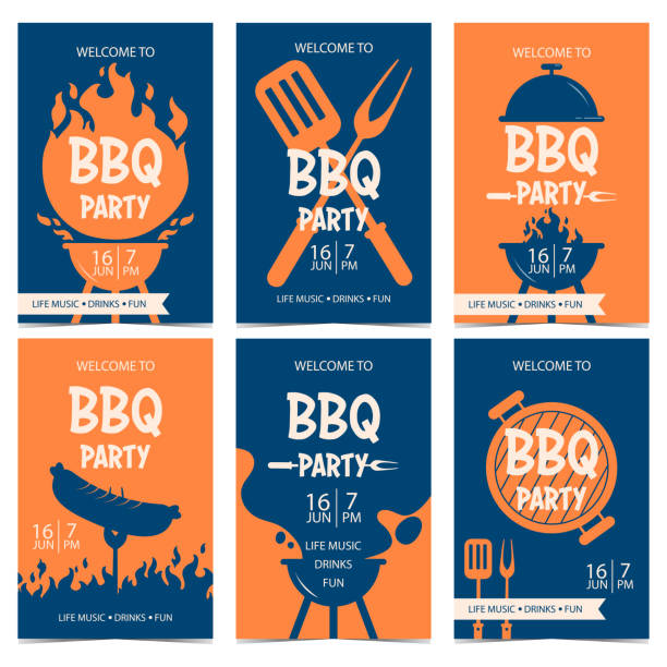 BBQ party banner or poster design template for outdoor cooking holiday or picnic. BBQ party banner or poster design template for outdoor cooking holiday or picnic. Barbecue party invitation or flyer in blue and orange colours with grill, flame, charcoal smoke, sausage on a fork. pork illustrations stock illustrations