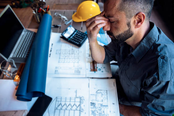 guapo de mediana edad frotando la nariz sintiendo dolor de cabeza. - construction document clothing architect fotografías e imágenes de stock