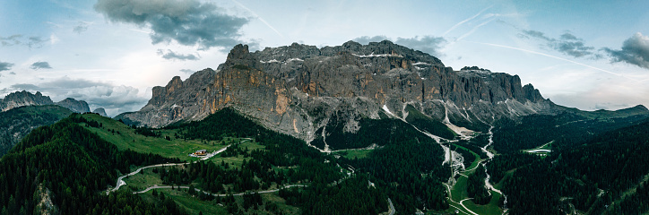 Panoramic view of a mountain range in the Dolomites, Italy. Aerial point of view.