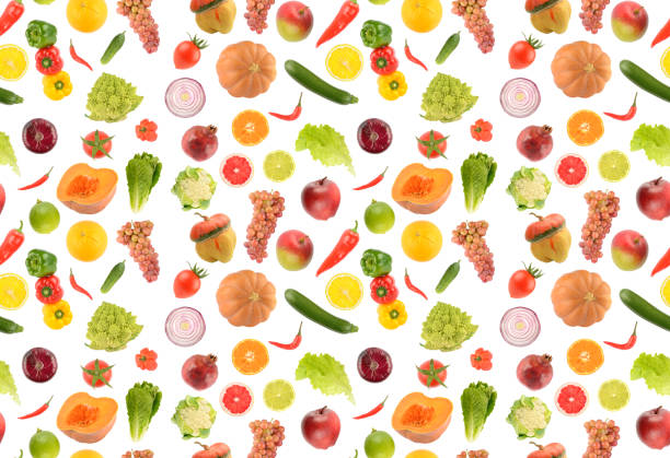 istock Seamless pattern of vegetables, fruits and berries isolated on white 1409556424