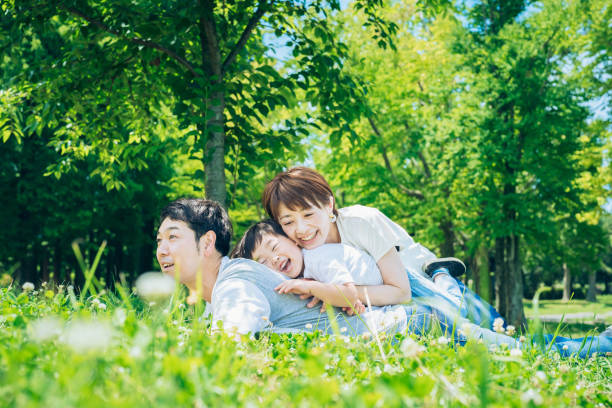 istock Parents and child lying on the meadow 1409558495