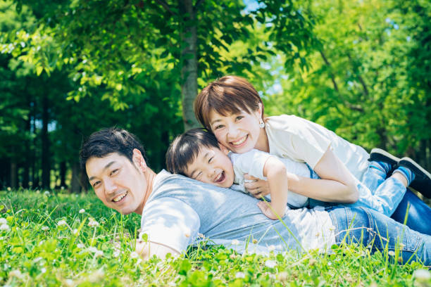 istock Parents and child lying on the meadow 1409558532
