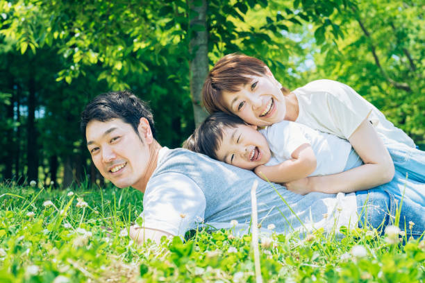 istock Parents and child lying on the meadow 1409558559