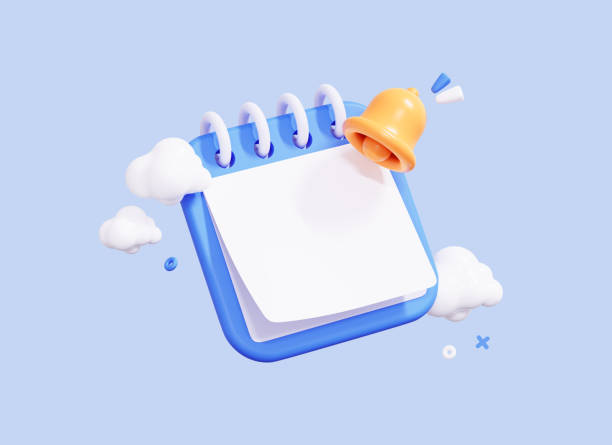 istock 3D Calendar with Bell notification. Event reminder. Minimal creative design. White paper with empty copy space for text or date. Plan concept. Cartoon icon isolated on blue background. 3D Rendering 1409559398