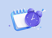 3D Calendar and Alarm clock. Planning concept. Office work and deadline. Event agenda. Time to plan. Business meeting. Cartoon design icon isolated on blue background. 3D Rendering