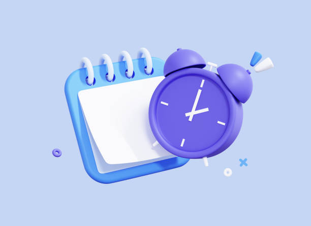 3D Calendar and Alarm clock. Planning concept. Office work and deadline. Event agenda. Time to plan. Business meeting. Cartoon design icon isolated on blue background. 3D Rendering stock photo