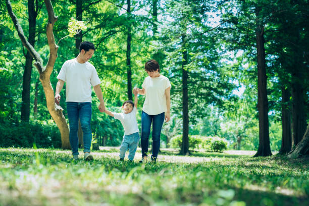 istock Parents and their child exploring the woods 1409561351