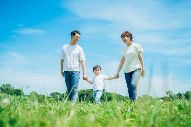 �親と子が手をつないで、日当たりの良い緑地を歩く - three person family ストックフォトと画像