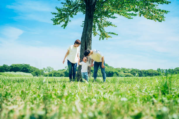 istock parents and their child lined up under a tree 1409563172