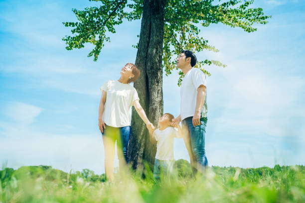 istock parents and their child lined up under a tree 1409563293