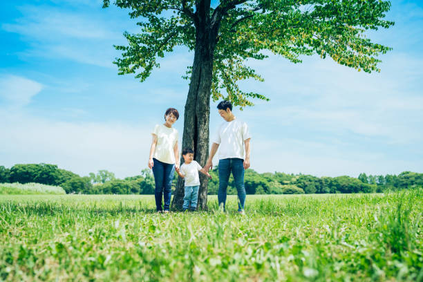 木の下に並ぶ親子 - tree men nature human hand ストックフォトと画像