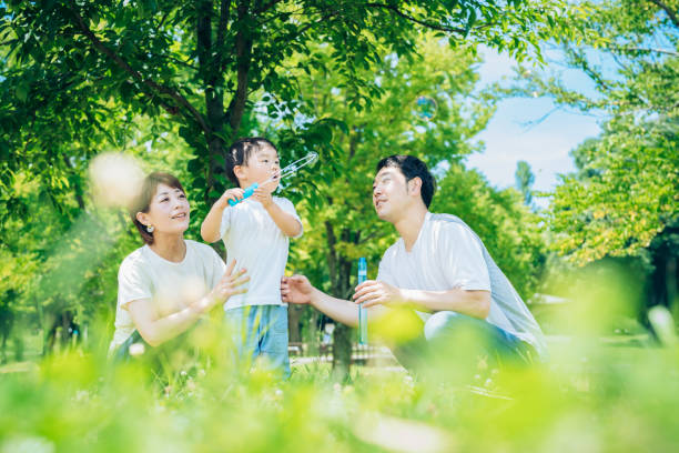 parents and their child playing with soap bubbles - people vibrant color sunlight cheerful imagens e fotografias de stock