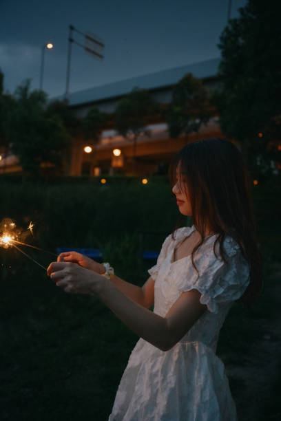 istock Asian girls playing fireworks at night 1409568104