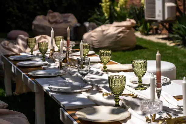 Wooden table outdoors for a special occasion. Empty plates and unusual glasses. Vintage tray, candleholder and vases with beautiful flowers.