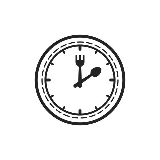 ilustraciones, imágenes clip art, dibujos animados e iconos de stock de reloj negro de línea delgada como icono de la hora del almuerzo de negocios - plate hungry fork dinner