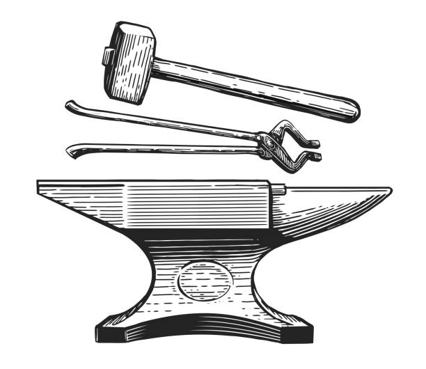 stockillustraties, clipart, cartoons en iconen met hand drawing tools anvil hammer pliers. blacksmith craft sketch. metalworking tools in vintage engraving style - aambeeld