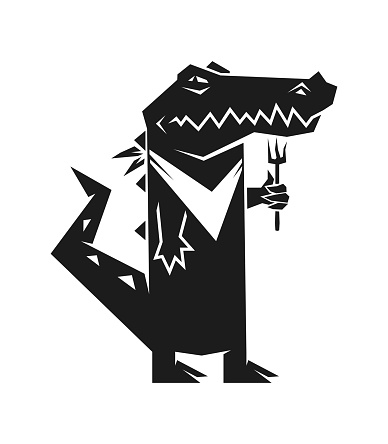 Stylized cut out silhouette of alligator or crocodile in neck napkin with a fork