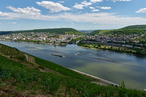 A view of Bingen am Rhein, Germany from the hiking trail as the sun just illuminates the valley on a fine day