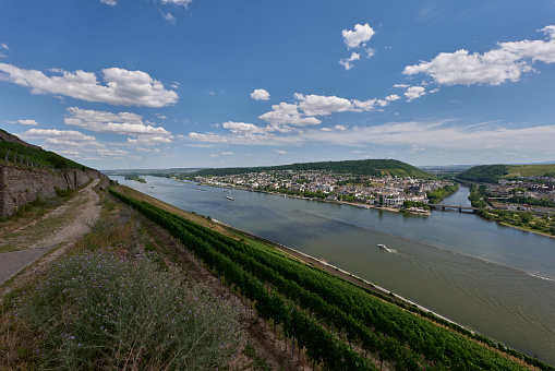 A view of Bingen am Rhein, Germany from the hiking trail as the sun just illuminates the valley on a fine day