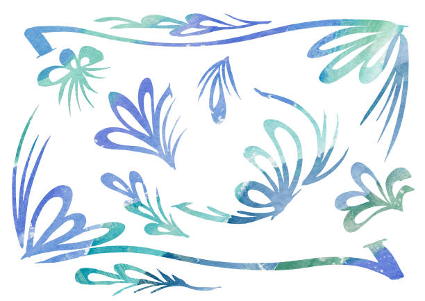 акварель набор элементов дизайна для рамок в стиле линейного искусства на белом фоне. зеленый, бирюзовый, фиолетовый и синий цвета - gift purple turquoise box stock illustrations
