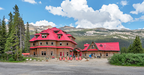 Banff National Park, Albert, Canada – July 17, 2022:  Exterior of the historic Num-Ti-Jah Lodge at Bow Lake
