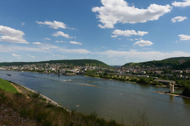 A view of Bingen am Rhein, Germany from the hiking trail as the sun just illuminates the valley on a fine day