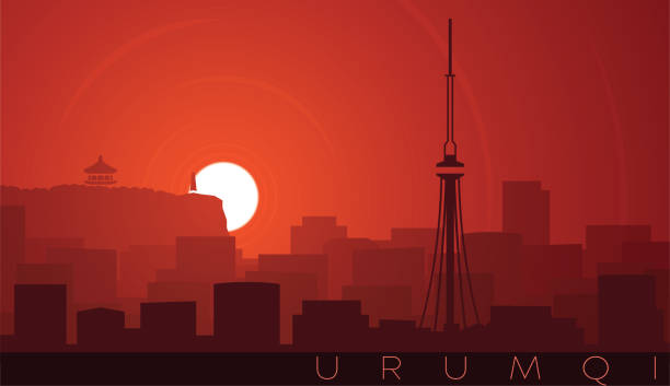 stockillustraties, clipart, cartoons en iconen met urumqi low sun skyline scene - urumqi