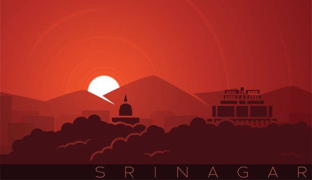 illustrations, cliparts, dessins animés et icônes de scène de srinagar low sun skyline - himilaya