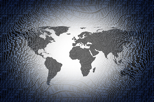 Digital technology background. NASA World map image: https://earthobservatory.nasa.gov/features/NightLights/page3.php