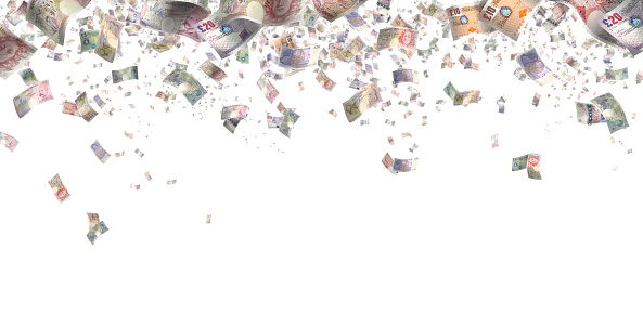 Large group of various paper currencies falling from sky
