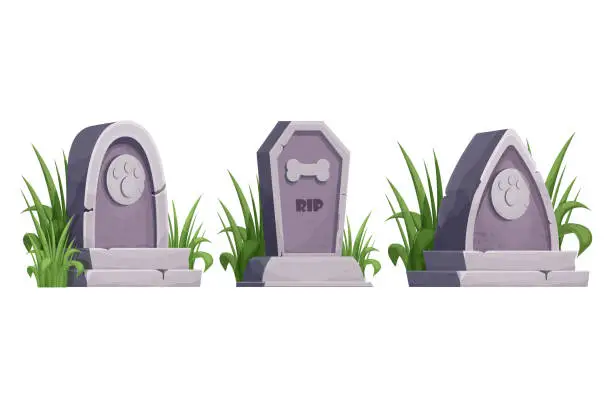 Vector illustration of Set Pet gravestone, animal funeral with foot print decorated with grass collection in cartoon style isolated on white background. . Vector illustration