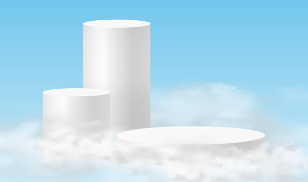istock Podium sky. Minimalistic background with white podiums in the clouds. 3d realistic pedestals product for product demonstration and sky clouds 1409591109