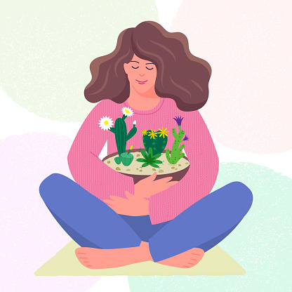 Girl sits and holds a pot of cactuses. Vector color illustration.