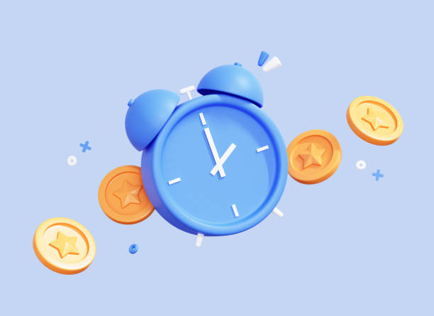 3D Cartoon Alarm Clock and Coins. Time is money concept. Tax time reminder. Business investments, earnings and financial savings. Fast money. Quick Loan. Creative design illustration. 3D Rendering stock photo